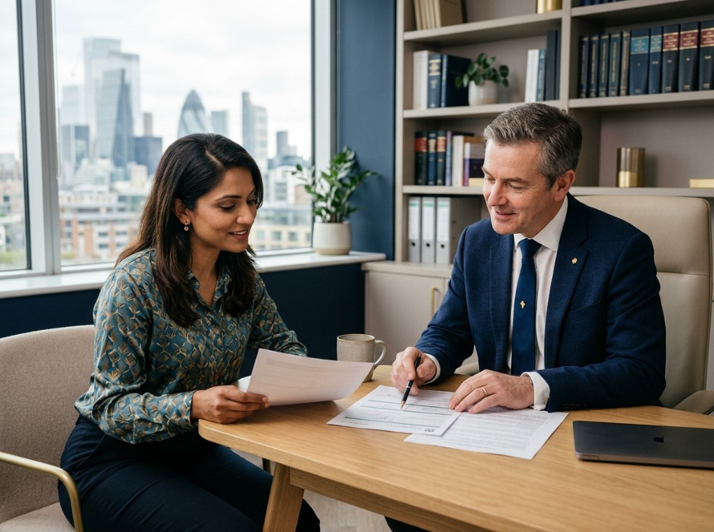 Arlington Crown Solicitors consultation — advisors reviewing documents together in a modern office